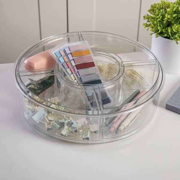 Martha Stewart Brody Divided Lazy Susan Organizer W/ 5 Removable Bins, 360° Rotating Desk Organizer, 12in, Clear BE-PB5503-CLR-MS